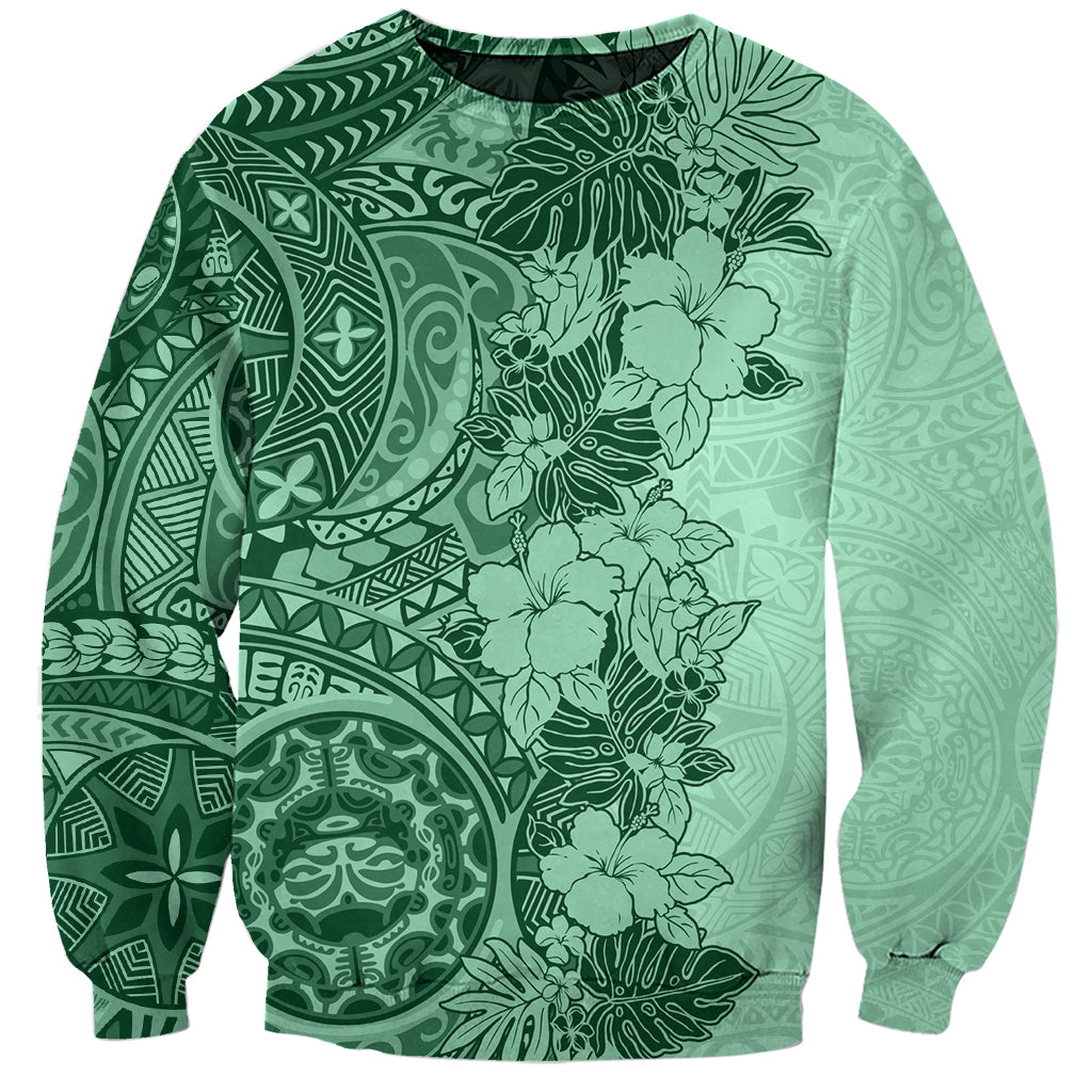 Polynesia Sweatshirt Hibiscus and Hawaiian Tribal Tattoo Retro Style Green Color - Wonder Print Shop