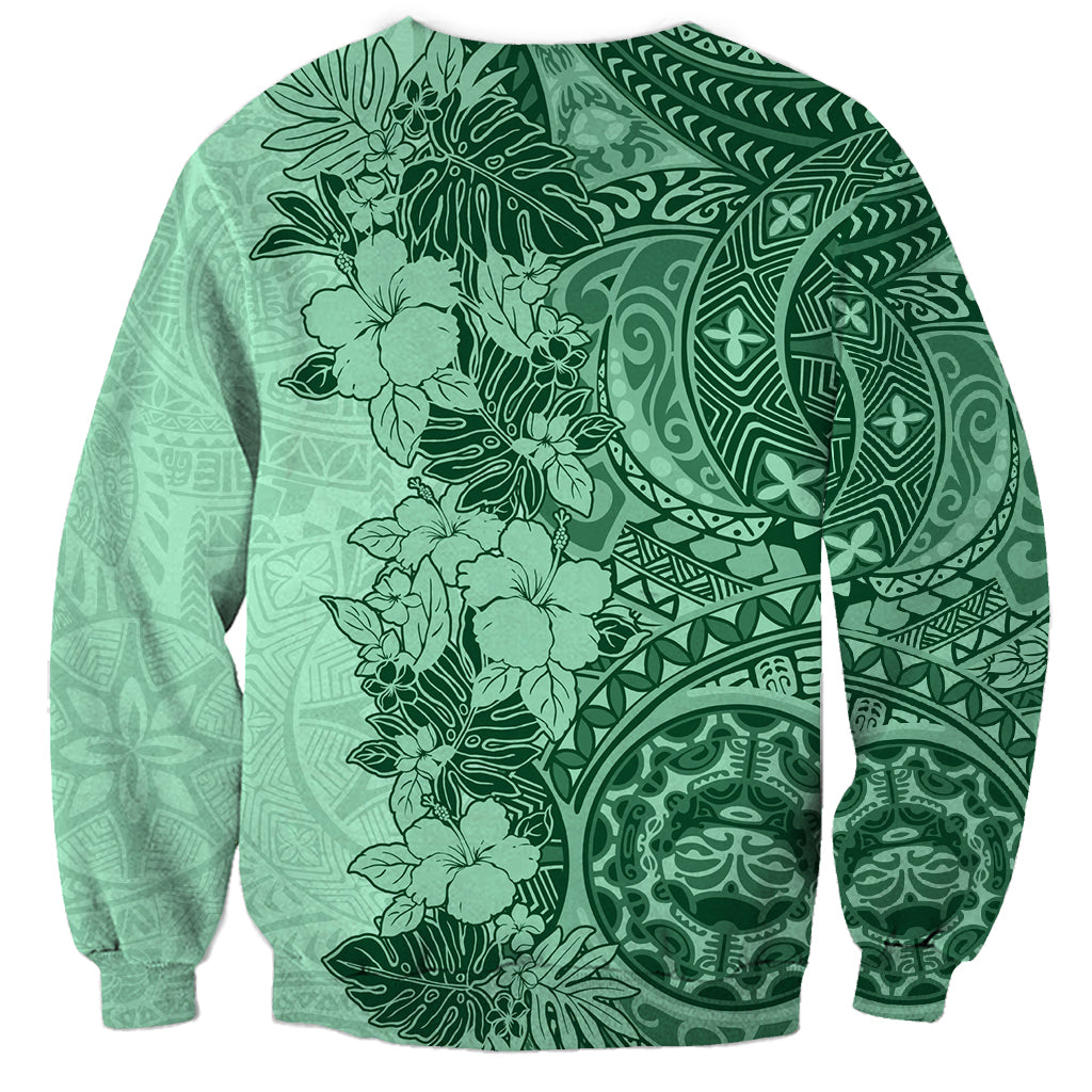 Polynesia Sweatshirt Hibiscus and Hawaiian Tribal Tattoo Retro Style Green Color - Wonder Print Shop