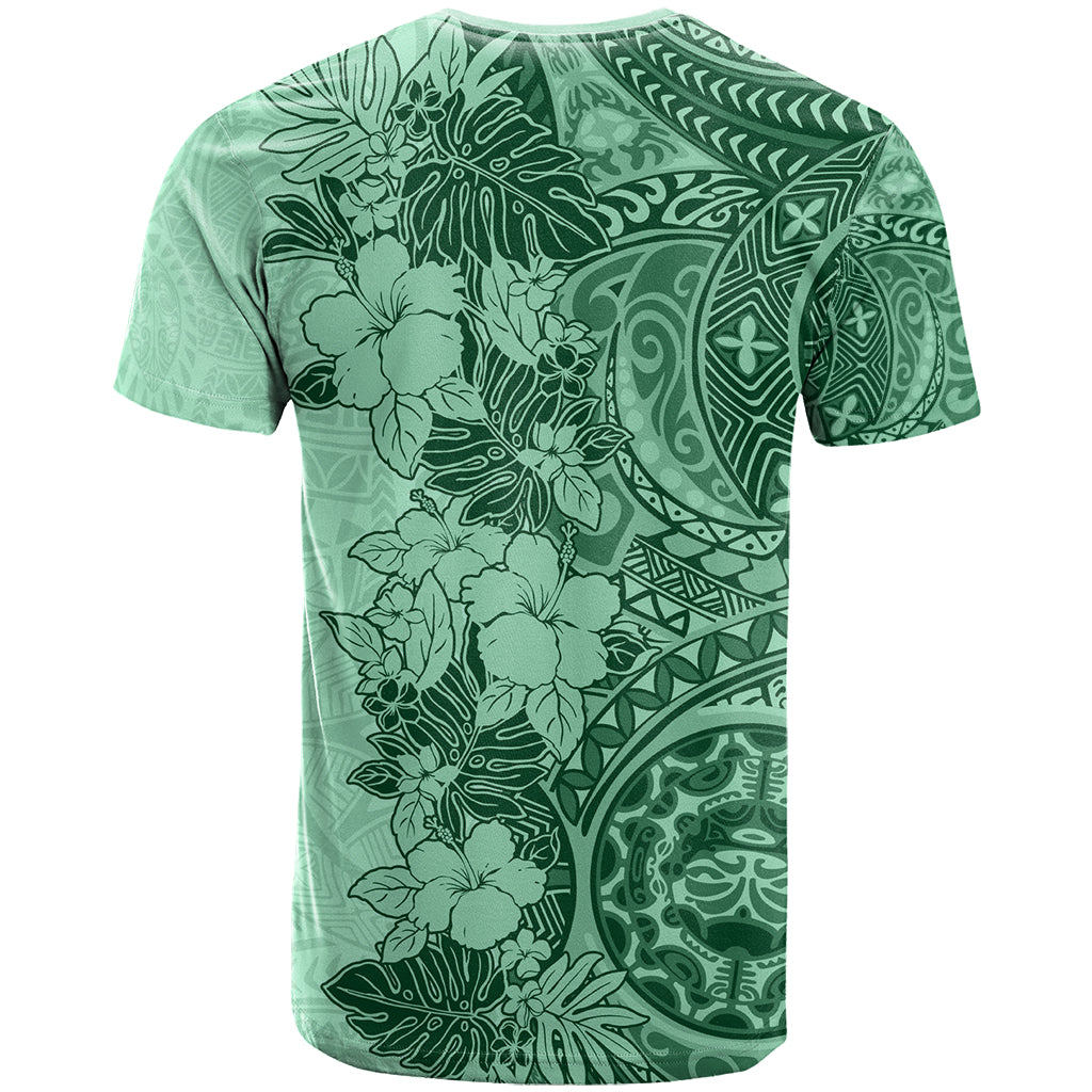 Polynesia T Shirt Hibiscus and Hawaiian Tribal Tattoo Retro Style Green Color - Wonder Print Shop