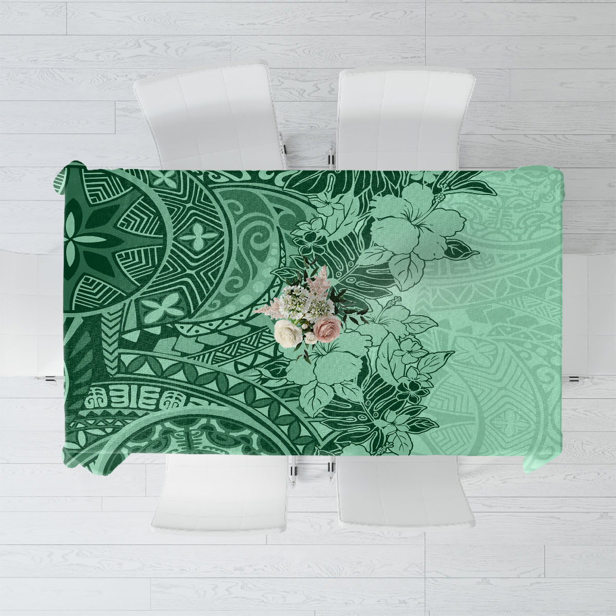 Polynesia Tablecloth Hibiscus and Hawaiian Tribal Tattoo Retro Style Green Color - Wonder Print Shop