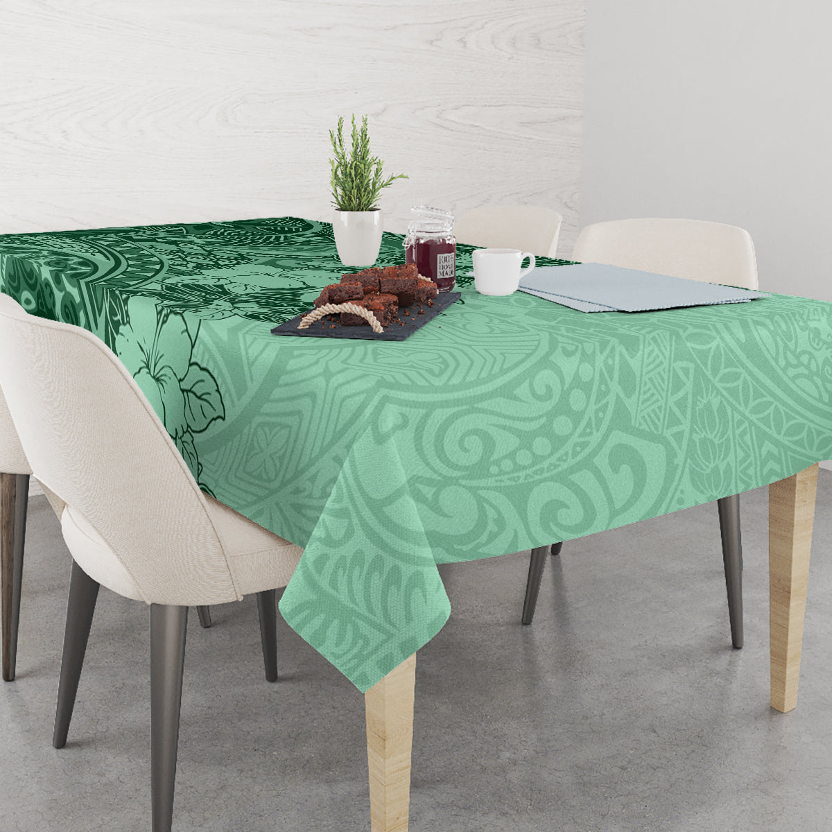 Polynesia Tablecloth Hibiscus and Hawaiian Tribal Tattoo Retro Style Green Color - Wonder Print Shop