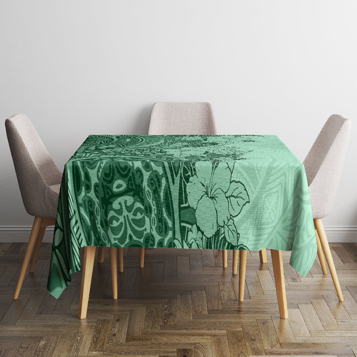 Polynesia Tablecloth Hibiscus and Hawaiian Tribal Tattoo Retro Style Green Color - Wonder Print Shop
