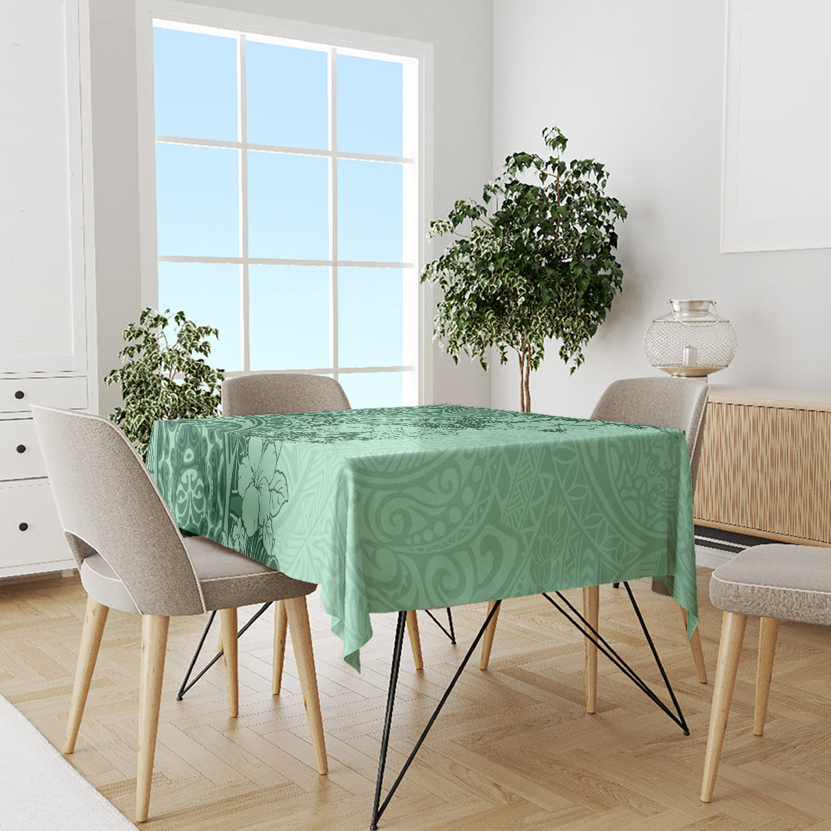 Polynesia Tablecloth Hibiscus and Hawaiian Tribal Tattoo Retro Style Green Color - Wonder Print Shop