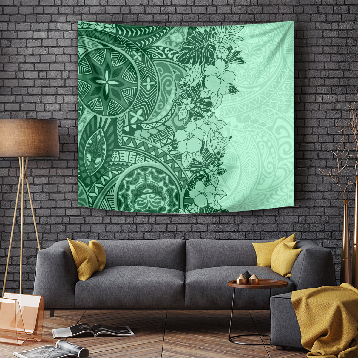 Polynesia Tapestry Hibiscus and Hawaiian Tribal Tattoo Retro Style Green Color - Wonder Print Shop