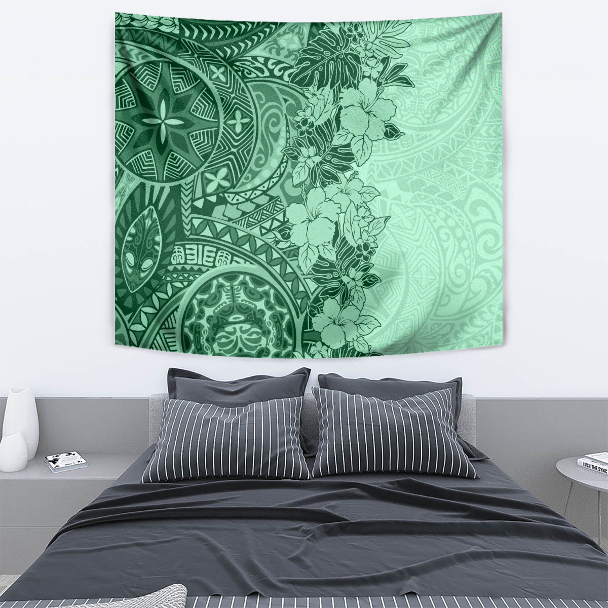 Polynesia Tapestry Hibiscus and Hawaiian Tribal Tattoo Retro Style Green Color - Wonder Print Shop