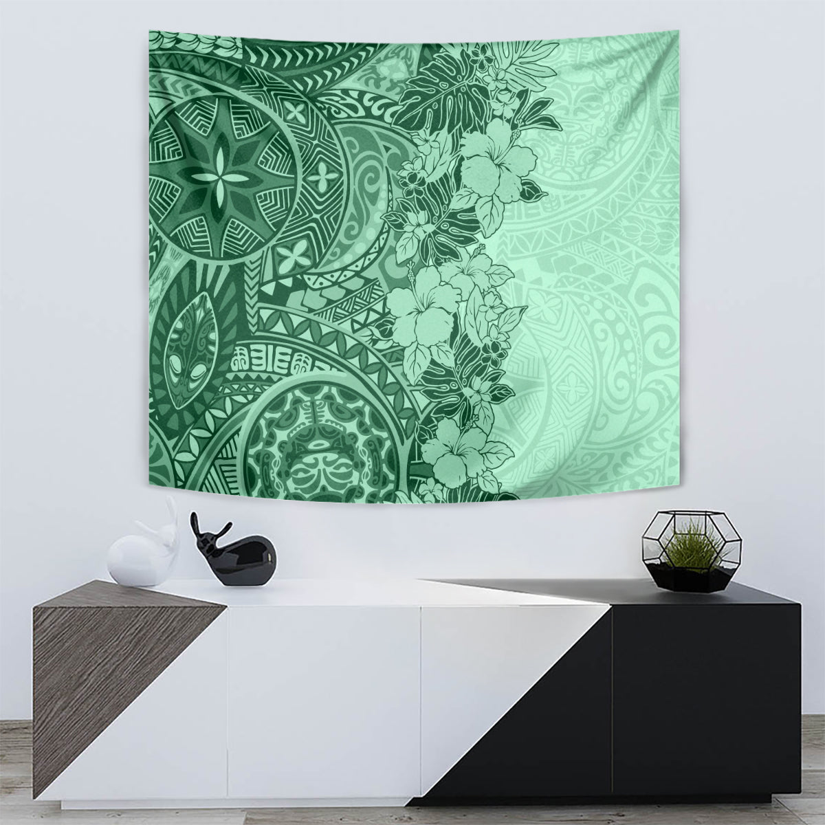 Polynesia Tapestry Hibiscus and Hawaiian Tribal Tattoo Retro Style Green Color - Wonder Print Shop