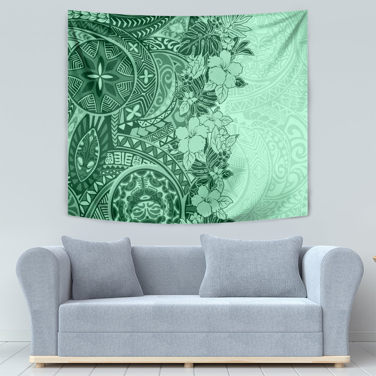 Polynesia Tapestry Hibiscus and Hawaiian Tribal Tattoo Retro Style Green Color - Wonder Print Shop