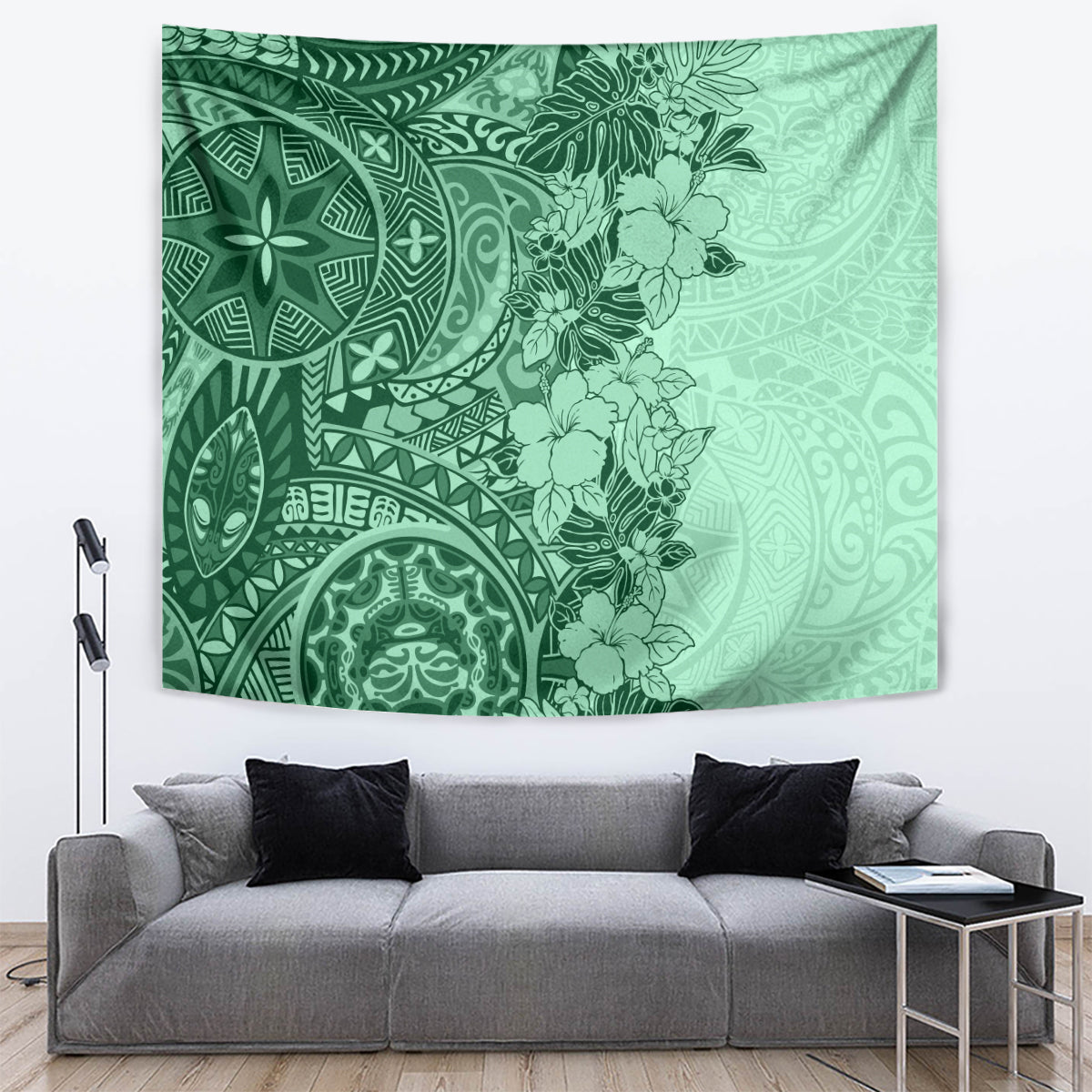 Polynesia Tapestry Hibiscus and Hawaiian Tribal Tattoo Retro Style Green Color - Wonder Print Shop
