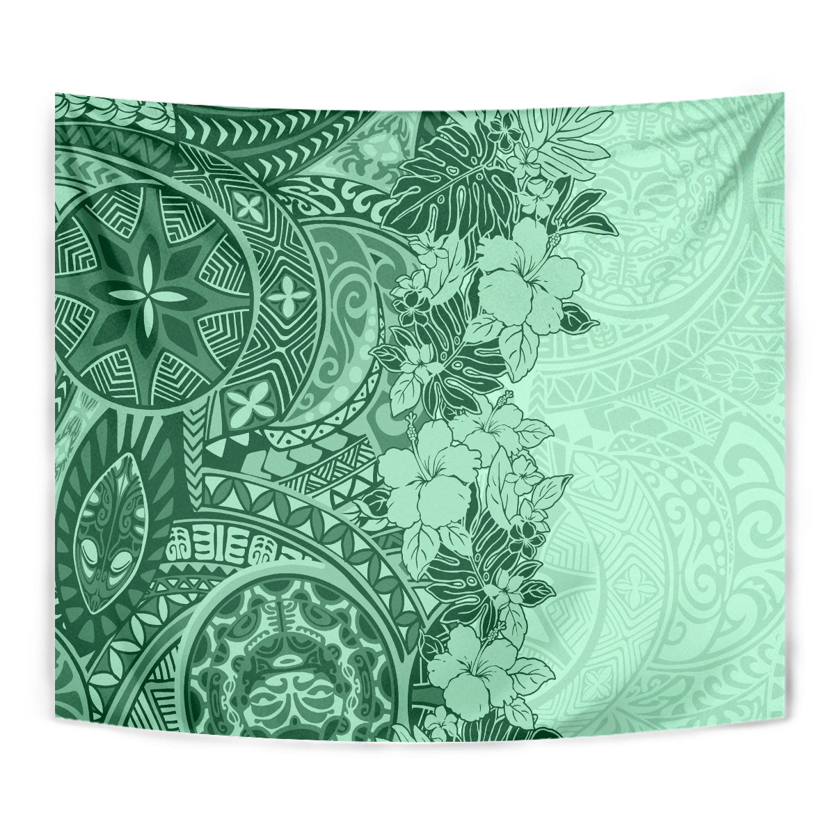 Polynesia Tapestry Hibiscus and Hawaiian Tribal Tattoo Retro Style Green Color - Wonder Print Shop