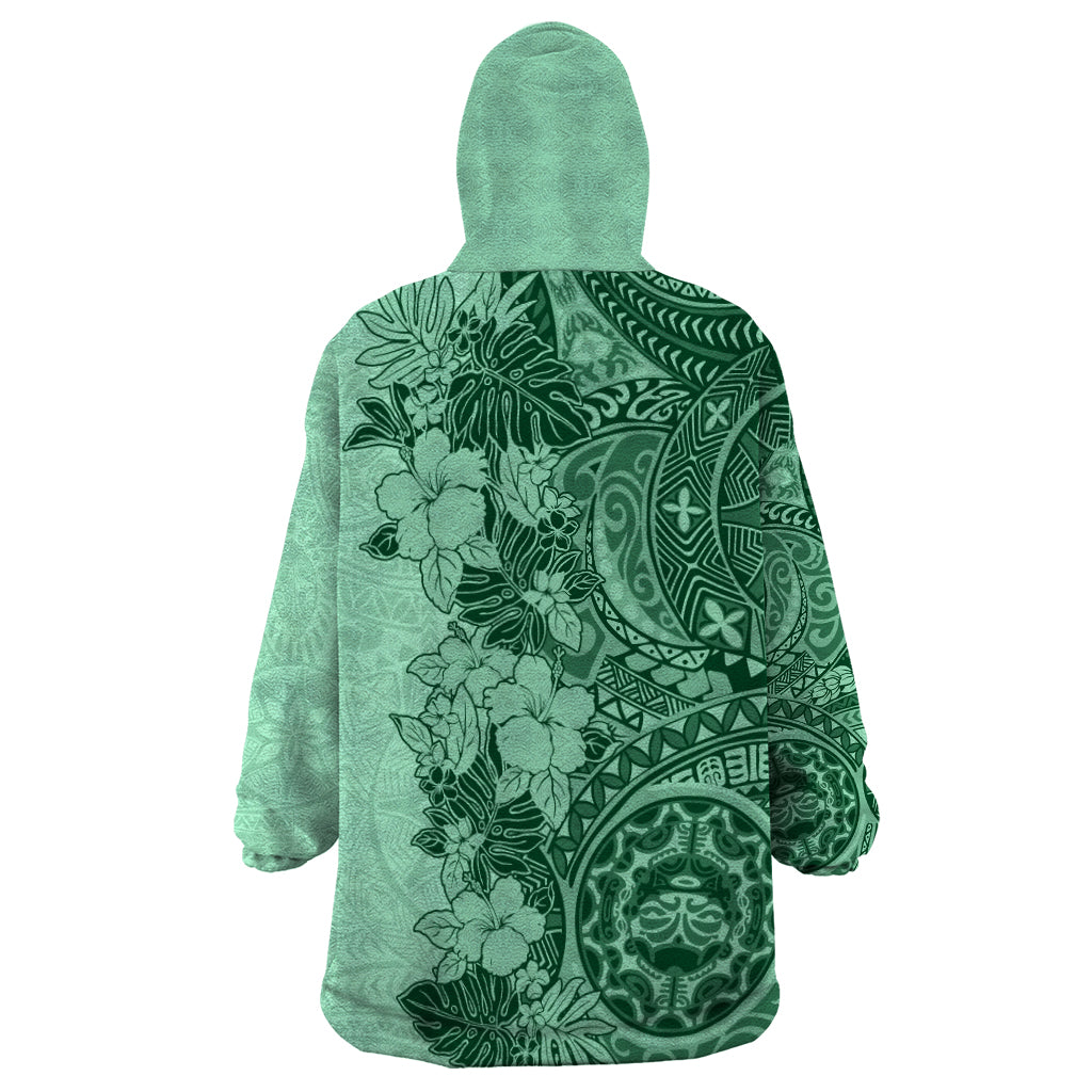Polynesia Wearable Blanket Hoodie Hibiscus and Hawaiian Tribal Tattoo Retro Style Green Color - Wonder Print Shop