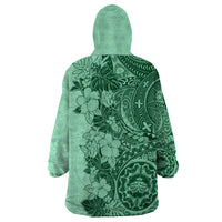 Polynesia Wearable Blanket Hoodie Hibiscus and Hawaiian Tribal Tattoo Retro Style Green Color - Wonder Print Shop