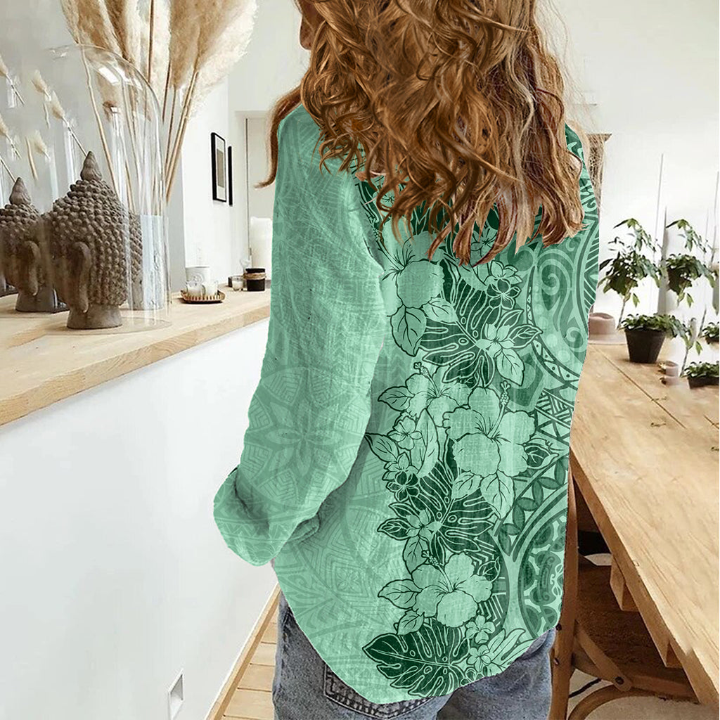 Polynesia Women Casual Shirt Hibiscus and Hawaiian Tribal Tattoo Retro Style Green Color - Wonder Print Shop