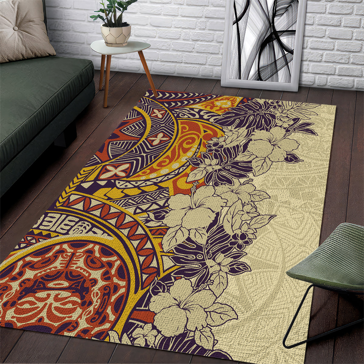 Polynesia Area Rug Hibiscus and Hawaiian Tribal Tattoo Retro Style Tan Color LT9 - Wonder Print Shop