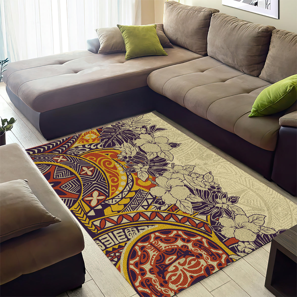 Polynesia Area Rug Hibiscus and Hawaiian Tribal Tattoo Retro Style Tan Color LT9 - Wonder Print Shop