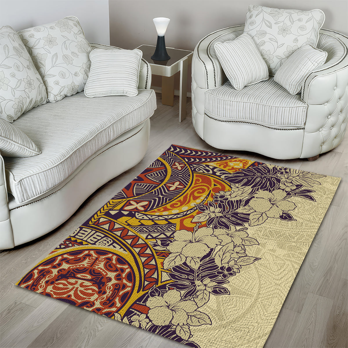 Polynesia Area Rug Hibiscus and Hawaiian Tribal Tattoo Retro Style Tan Color LT9 - Wonder Print Shop