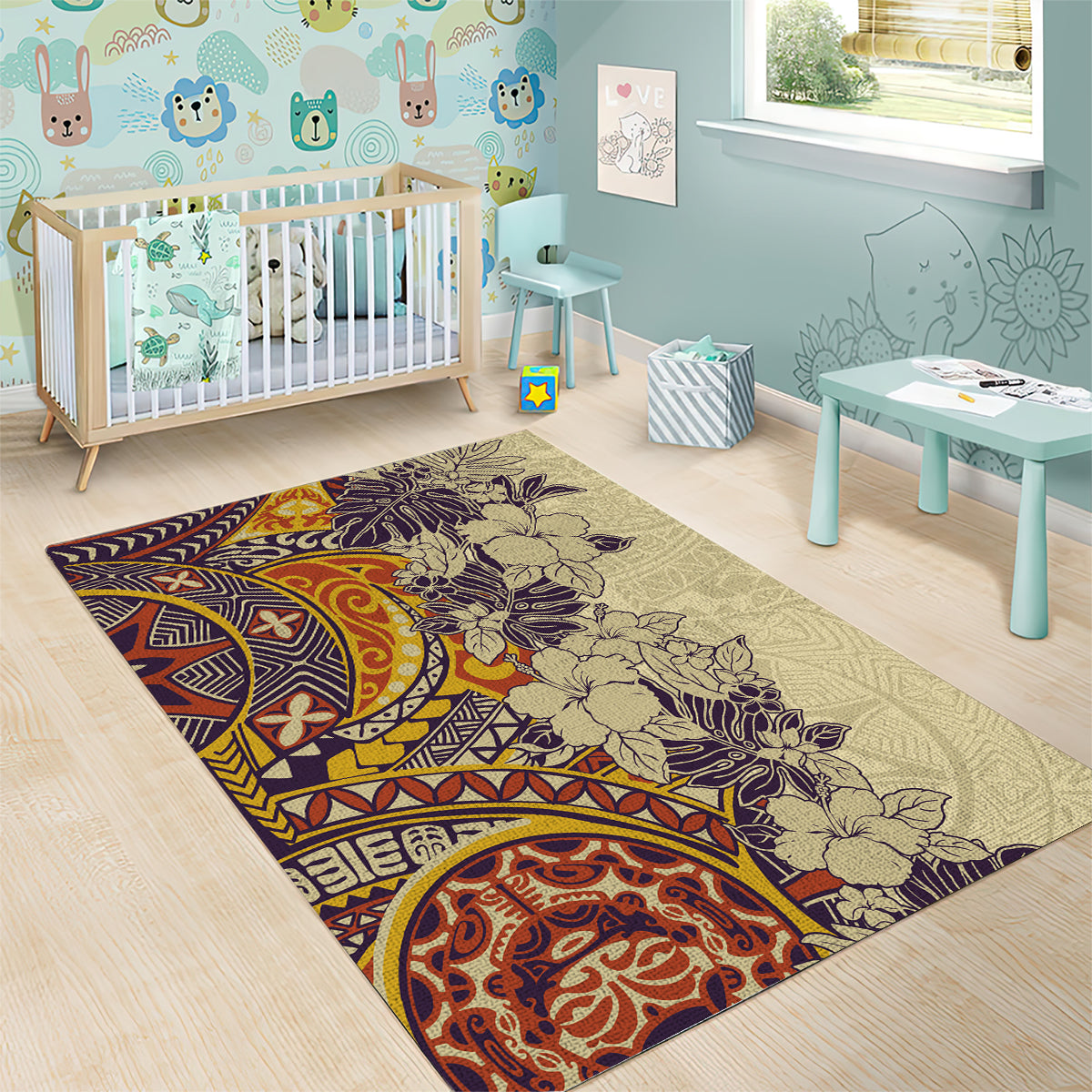 Polynesia Area Rug Hibiscus and Hawaiian Tribal Tattoo Retro Style Tan Color LT9 - Wonder Print Shop