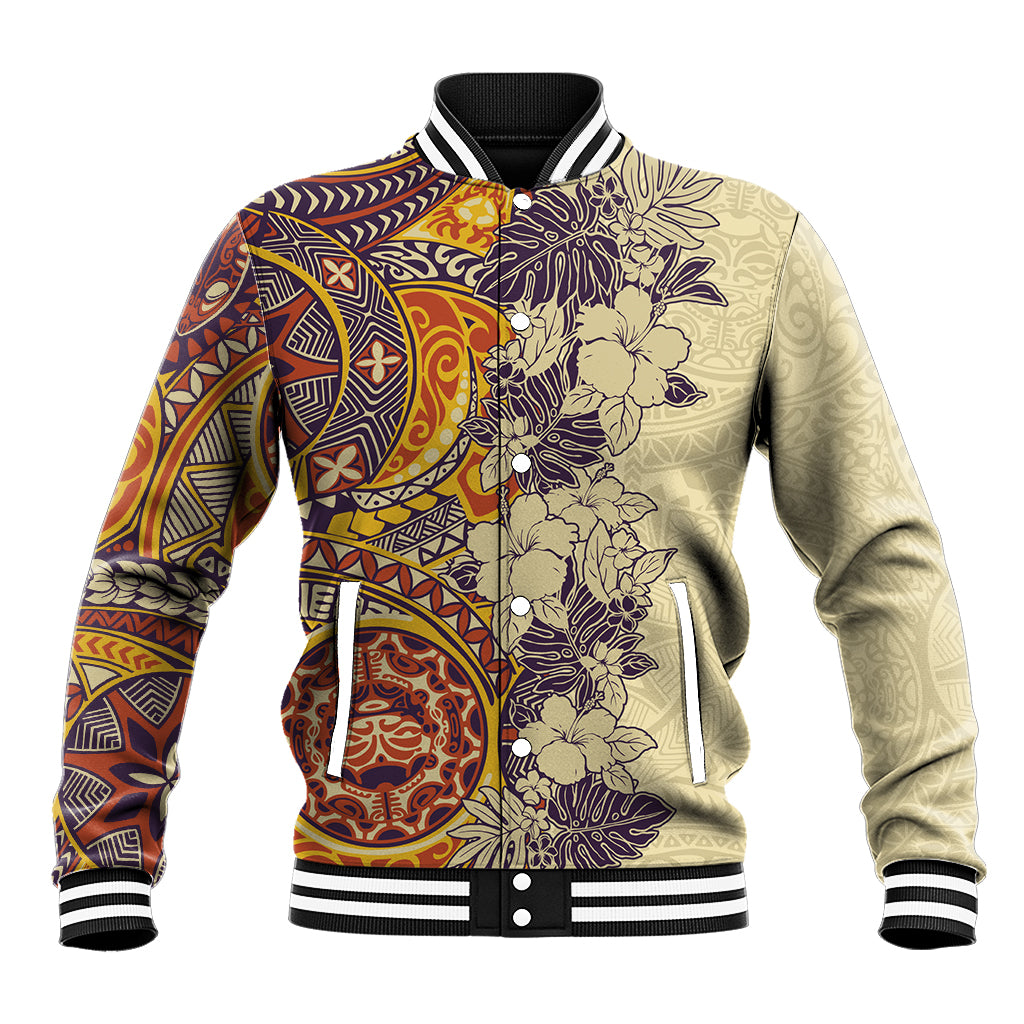Polynesia Baseball Jacket Hibiscus and Hawaiian Tribal Tattoo Retro Style Tan Color LT9 - Wonder Print Shop