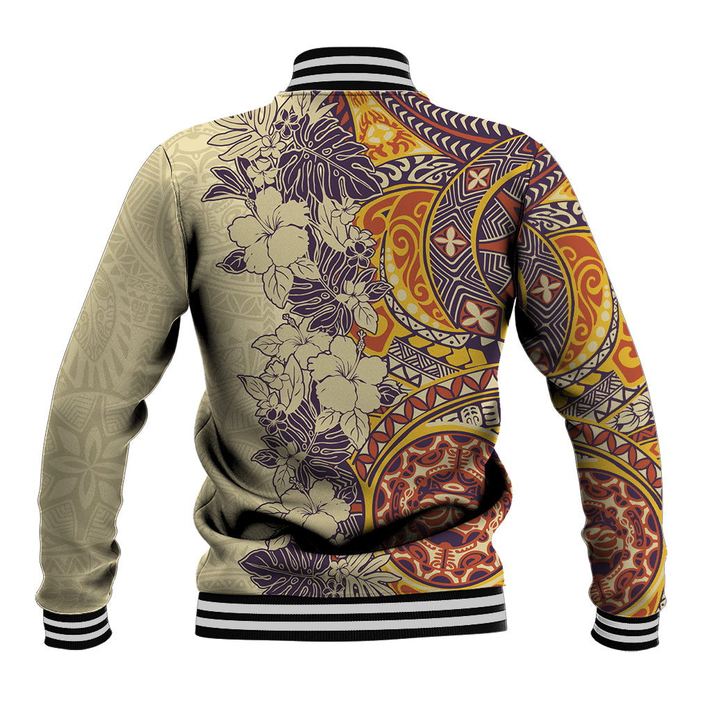 Polynesia Baseball Jacket Hibiscus and Hawaiian Tribal Tattoo Retro Style Tan Color LT9 - Wonder Print Shop