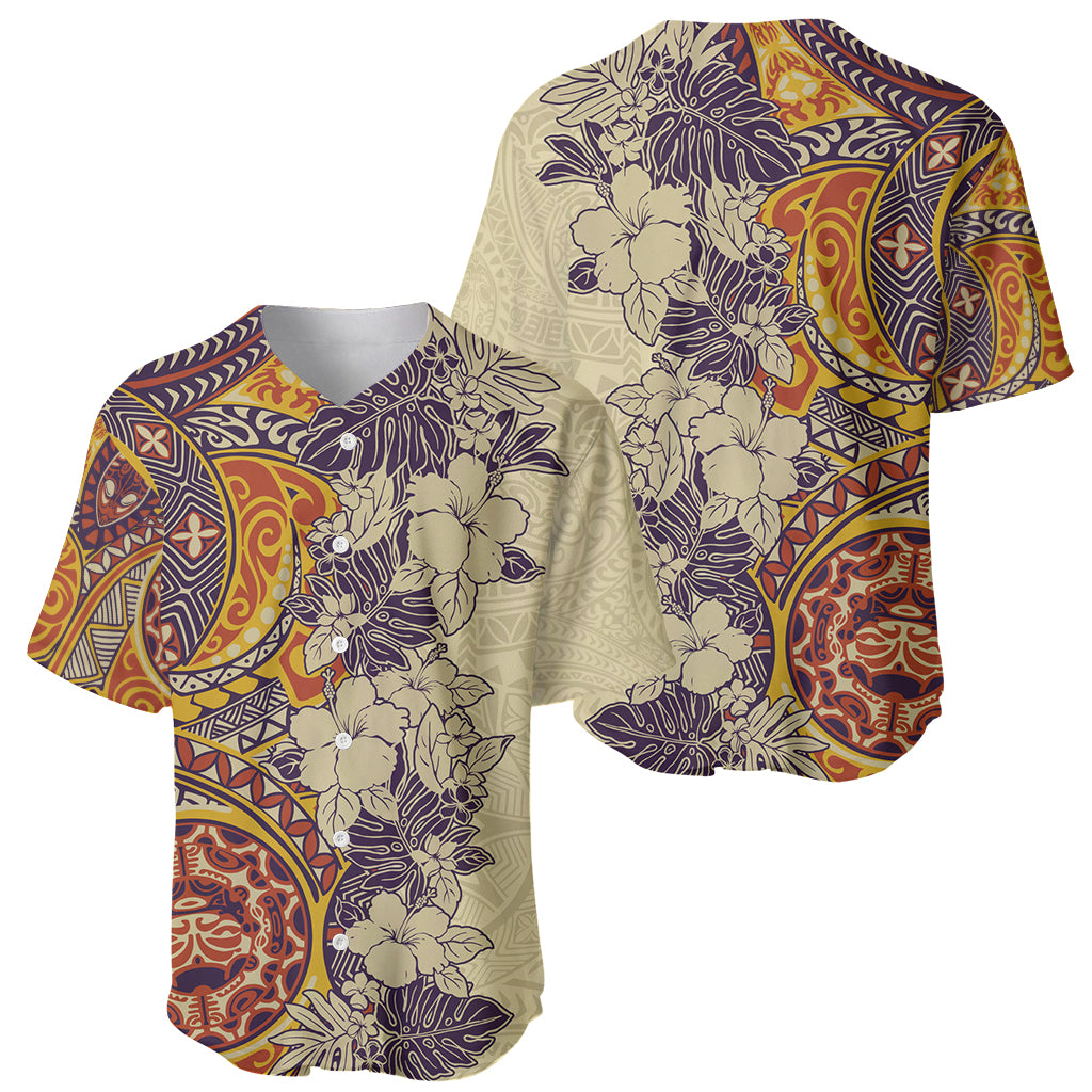 Polynesia Baseball Jersey Hibiscus and Hawaiian Tribal Tattoo Retro Style Tan Color LT9 - Wonder Print Shop