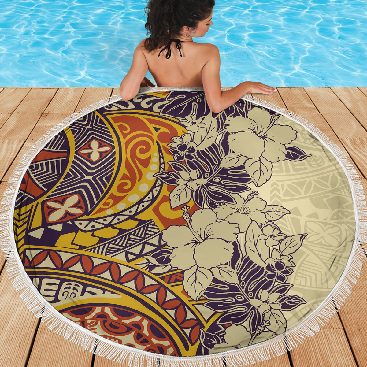 Polynesia Beach Blanket Hibiscus and Hawaiian Tribal Tattoo Retro Style Tan Color LT9 - Wonder Print Shop
