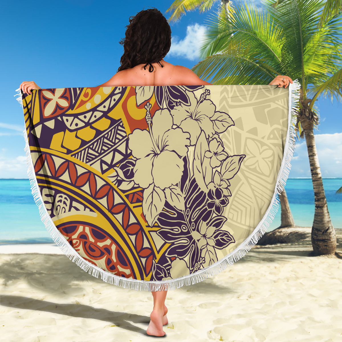 Polynesia Beach Blanket Hibiscus and Hawaiian Tribal Tattoo Retro Style Tan Color LT9 - Wonder Print Shop