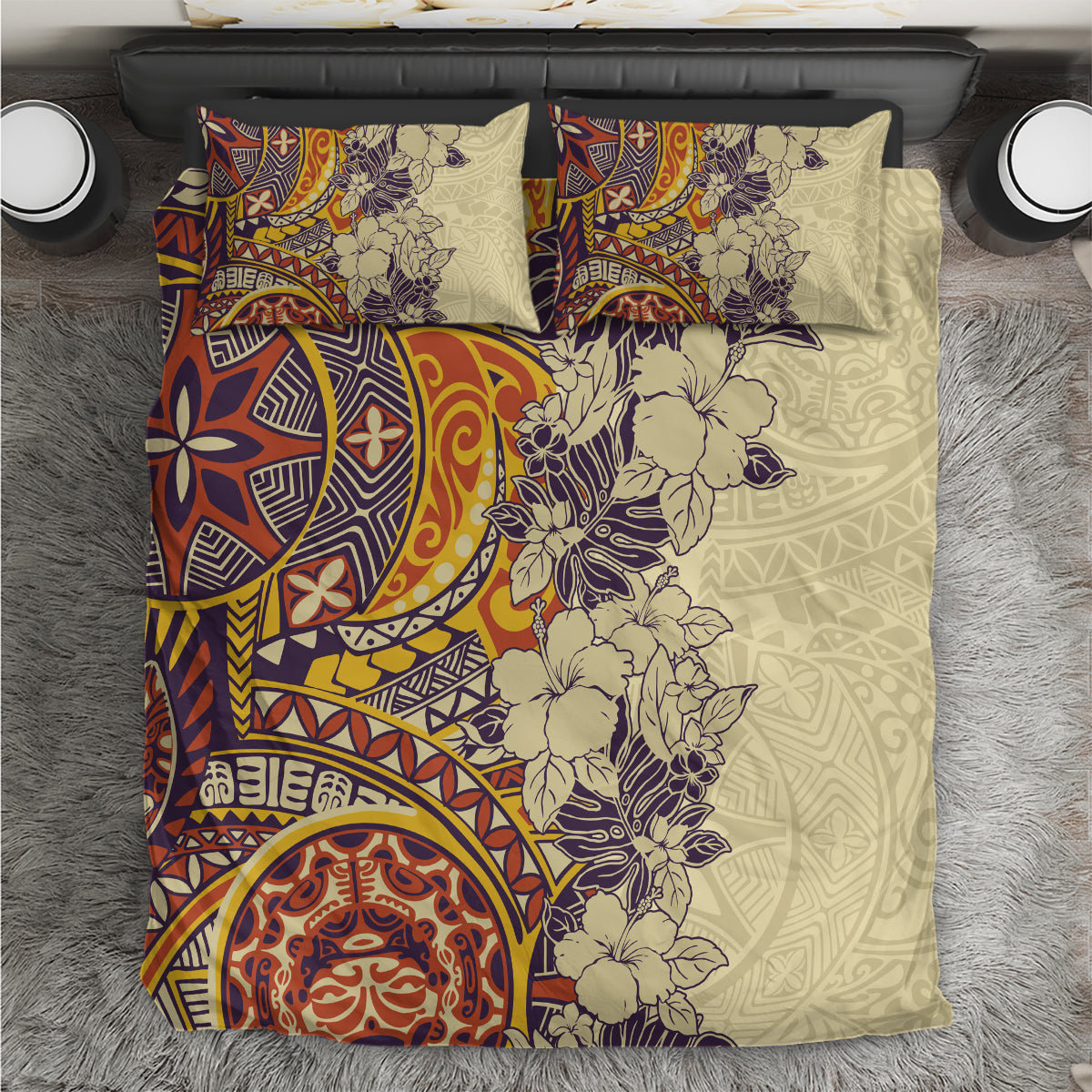 Polynesia Bedding Set Hibiscus and Hawaiian Tribal Tattoo Retro Style Tan Color LT9 - Wonder Print Shop