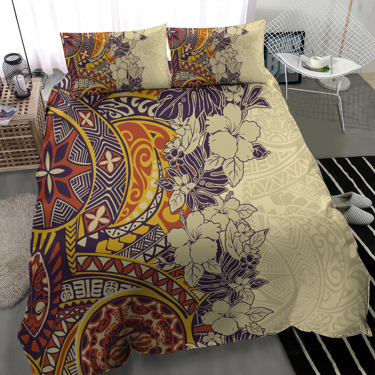 Polynesia Bedding Set Hibiscus and Hawaiian Tribal Tattoo Retro Style Tan Color LT9 - Wonder Print Shop