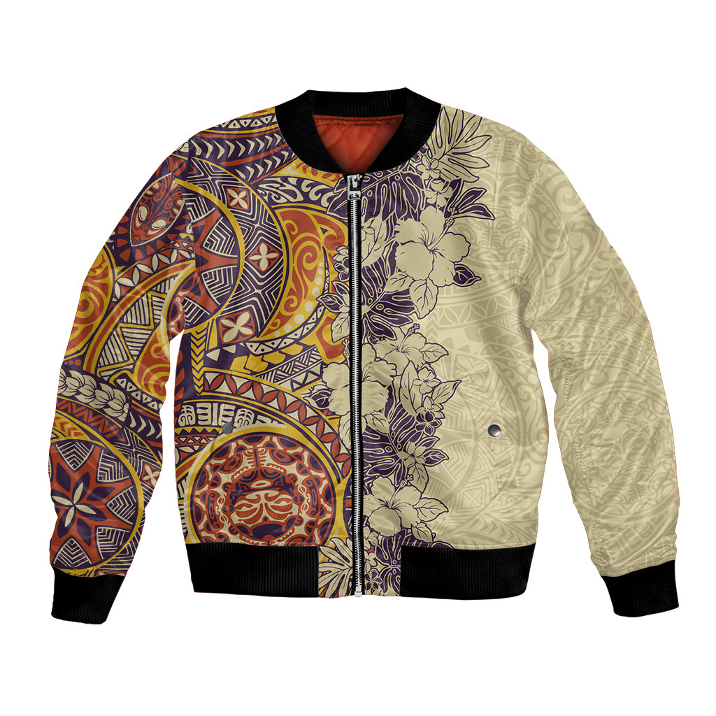 Polynesia Bomber Jacket Hibiscus and Hawaiian Tribal Tattoo Retro Style Tan Color LT9 - Wonder Print Shop