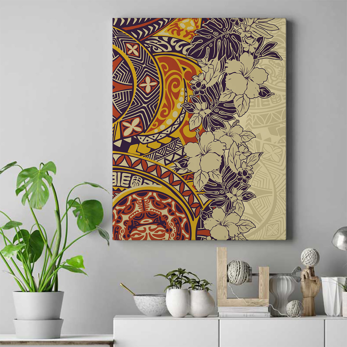 Polynesia Canvas Wall Art Hibiscus and Hawaiian Tribal Tattoo Retro Style Tan Color LT9 - Wonder Print Shop