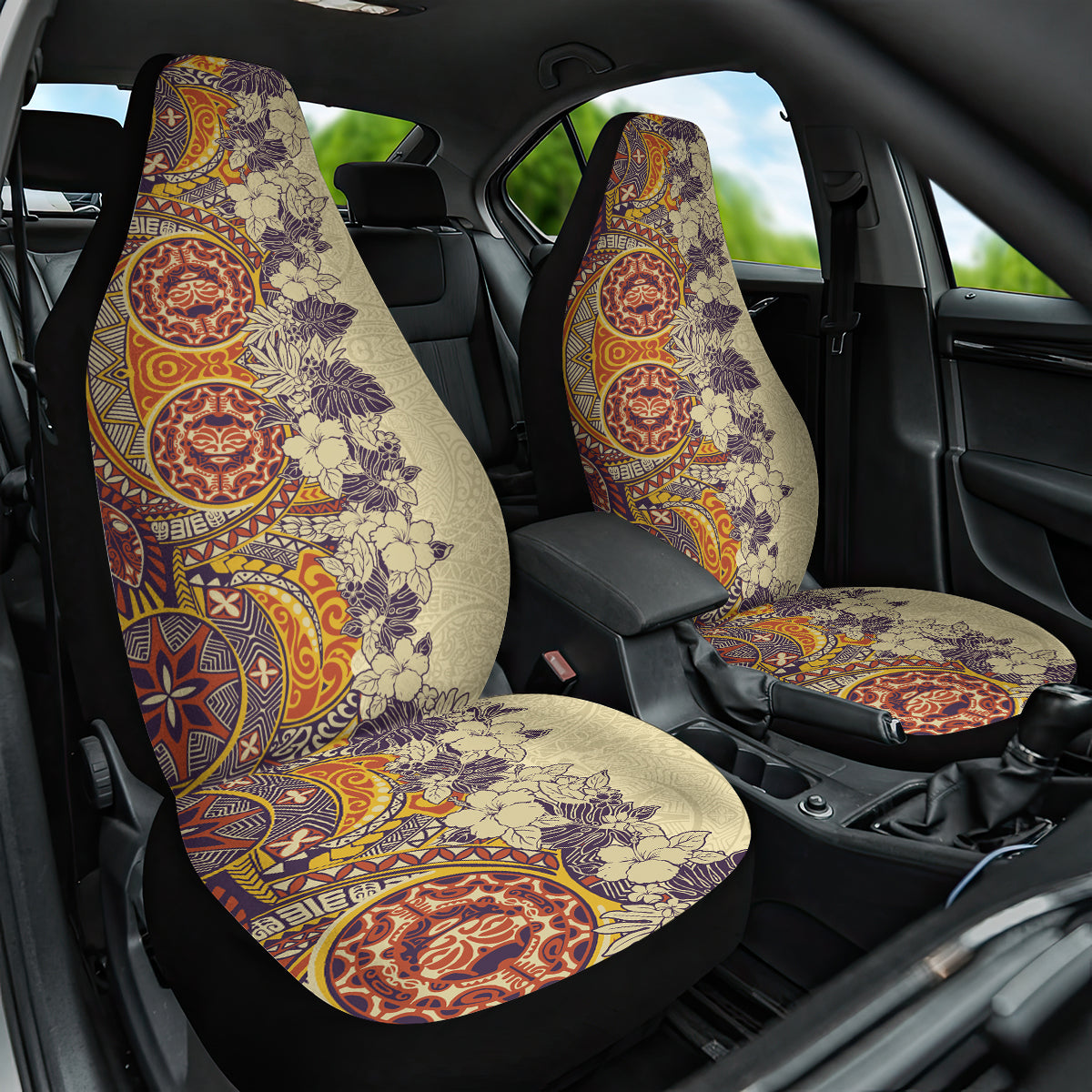 Polynesia Car Seat Cover Hibiscus and Hawaiian Tribal Tattoo Retro Style Tan Color LT9 - Wonder Print Shop