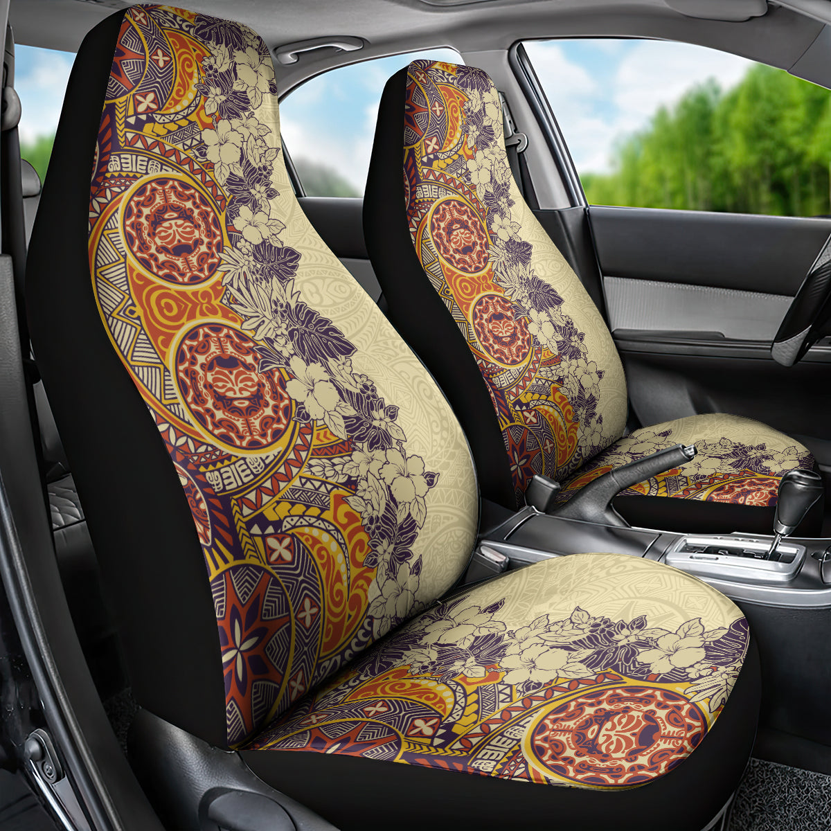 Polynesia Car Seat Cover Hibiscus and Hawaiian Tribal Tattoo Retro Style Tan Color LT9 - Wonder Print Shop