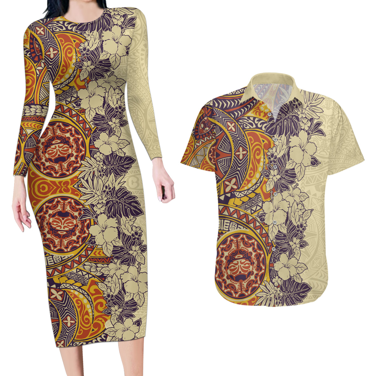 Polynesia Couples Matching Long Sleeve Bodycon Dress and Hawaiian Shirt Hibiscus and Hawaiian Tribal Tattoo Retro Style Tan Color LT9 - Wonder Print Shop