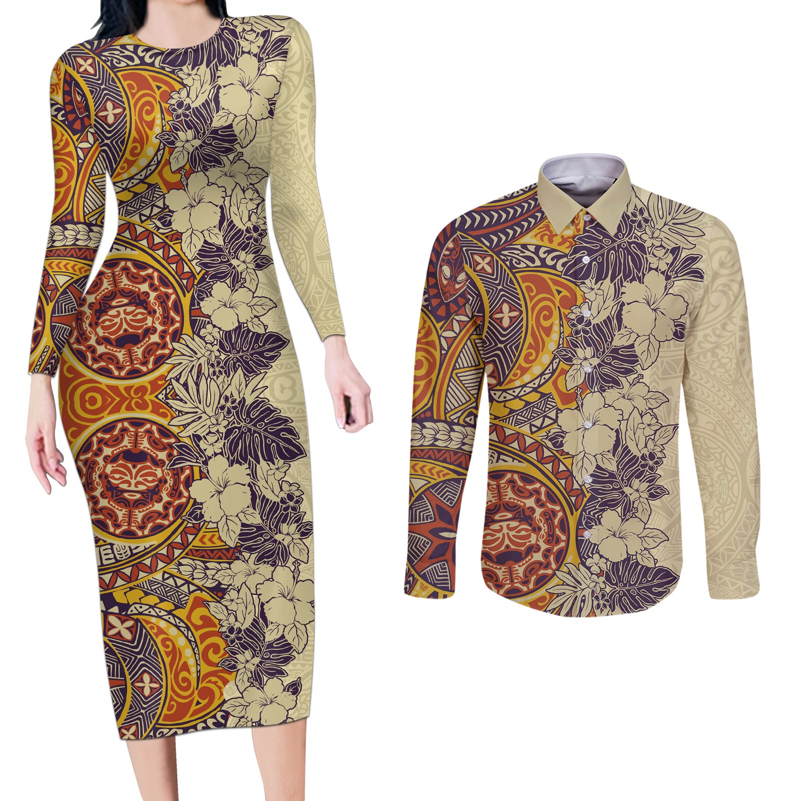 Polynesia Couples Matching Long Sleeve Bodycon Dress and Long Sleeve Button Shirt Hibiscus and Hawaiian Tribal Tattoo Retro Style Tan Color LT9 - Wonder Print Shop