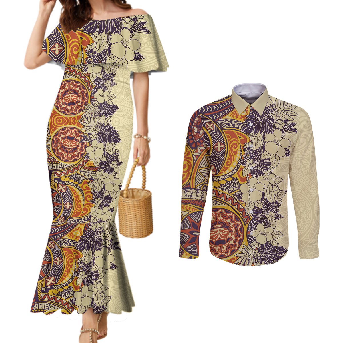polynesia-couples-matching-mermaid-dress-and-long-sleeve-button-shirt-hibiscus-and-hawaiian-tribal-tattoo-retro-style-tan-color