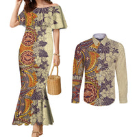 polynesia-couples-matching-mermaid-dress-and-long-sleeve-button-shirt-hibiscus-and-hawaiian-tribal-tattoo-retro-style-tan-color