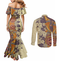 polynesia-couples-matching-mermaid-dress-and-long-sleeve-button-shirt-hibiscus-and-hawaiian-tribal-tattoo-retro-style-tan-color
