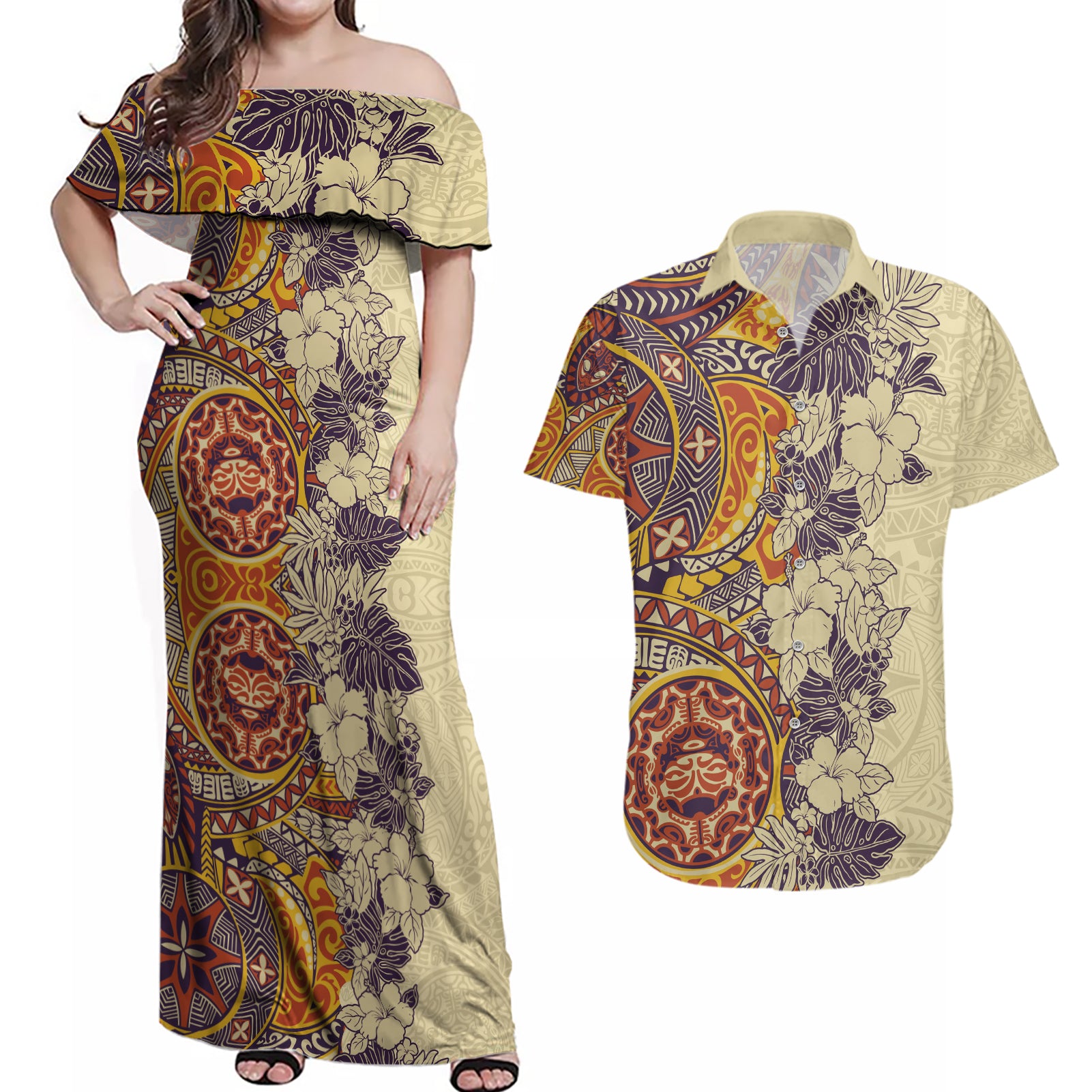 Polynesia Couples Matching Off Shoulder Maxi Dress and Hawaiian Shirt Hibiscus and Hawaiian Tribal Tattoo Retro Style Tan Color LT9 - Wonder Print Shop