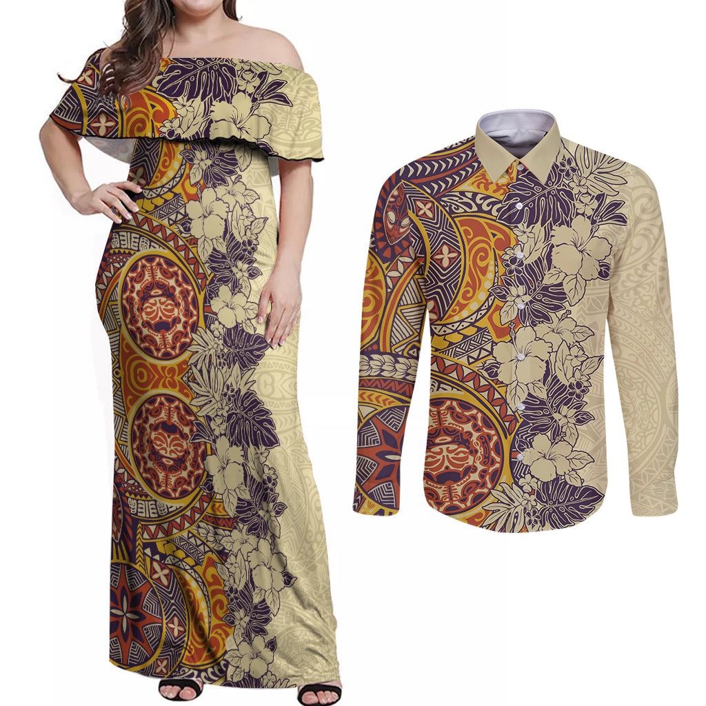 Polynesia Couples Matching Off Shoulder Maxi Dress and Long Sleeve Button Shirt Hibiscus and Hawaiian Tribal Tattoo Retro Style Tan Color LT9 - Wonder Print Shop