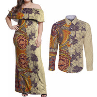 Polynesia Couples Matching Off Shoulder Maxi Dress and Long Sleeve Button Shirt Hibiscus and Hawaiian Tribal Tattoo Retro Style Tan Color LT9 - Wonder Print Shop