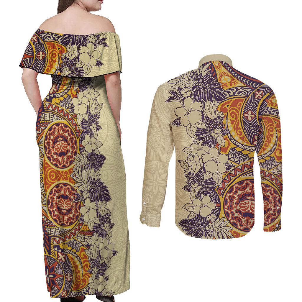 Polynesia Couples Matching Off Shoulder Maxi Dress and Long Sleeve Button Shirt Hibiscus and Hawaiian Tribal Tattoo Retro Style Tan Color LT9 - Wonder Print Shop
