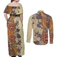 Polynesia Couples Matching Off Shoulder Maxi Dress and Long Sleeve Button Shirt Hibiscus and Hawaiian Tribal Tattoo Retro Style Tan Color LT9 - Wonder Print Shop