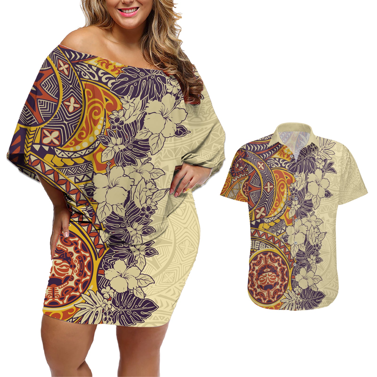 Polynesia Couples Matching Off Shoulder Short Dress and Hawaiian Shirt Hibiscus and Hawaiian Tribal Tattoo Retro Style Tan Color LT9 - Wonder Print Shop