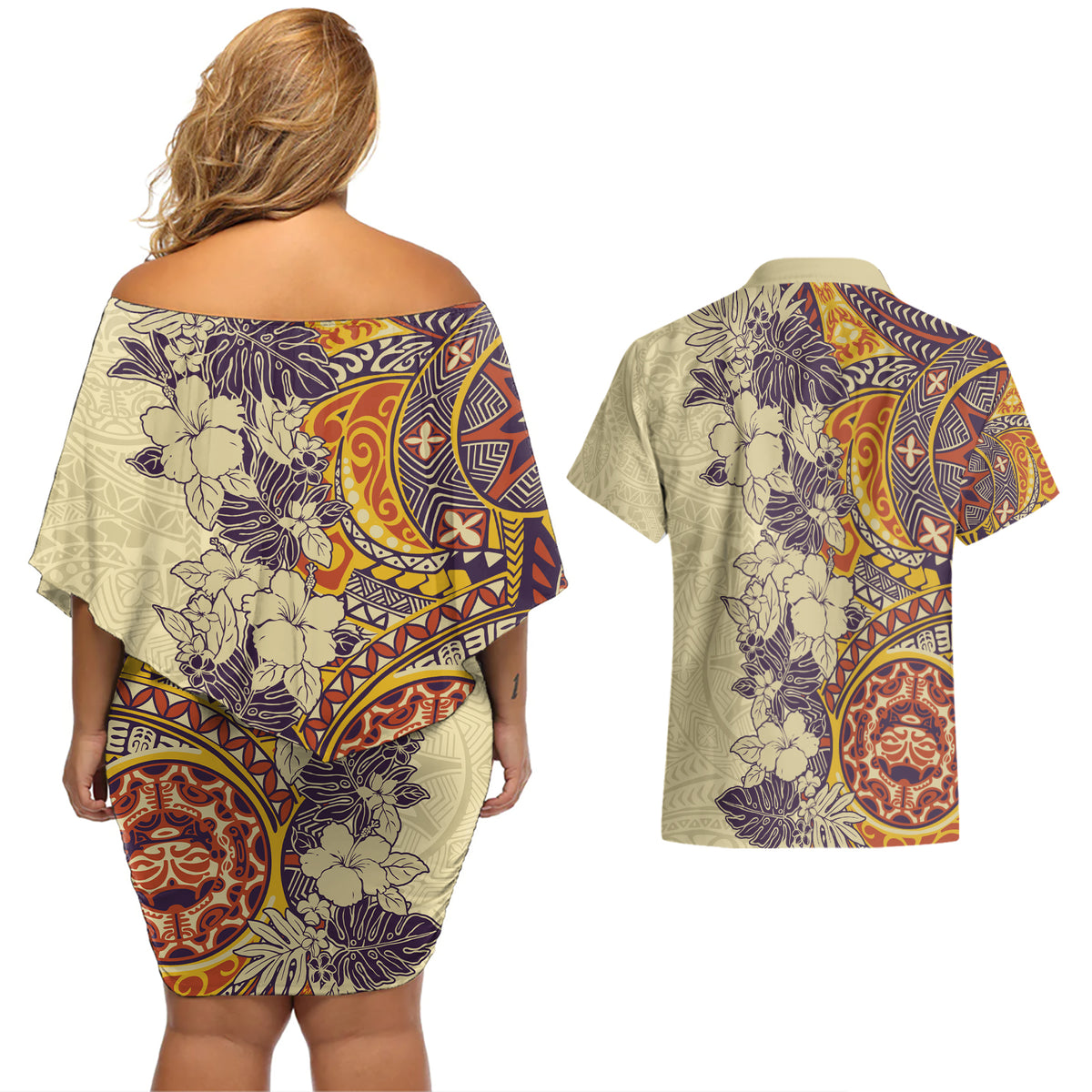 Polynesia Couples Matching Off Shoulder Short Dress and Hawaiian Shirt Hibiscus and Hawaiian Tribal Tattoo Retro Style Tan Color LT9 - Wonder Print Shop