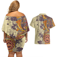 Polynesia Couples Matching Off Shoulder Short Dress and Hawaiian Shirt Hibiscus and Hawaiian Tribal Tattoo Retro Style Tan Color LT9 - Wonder Print Shop