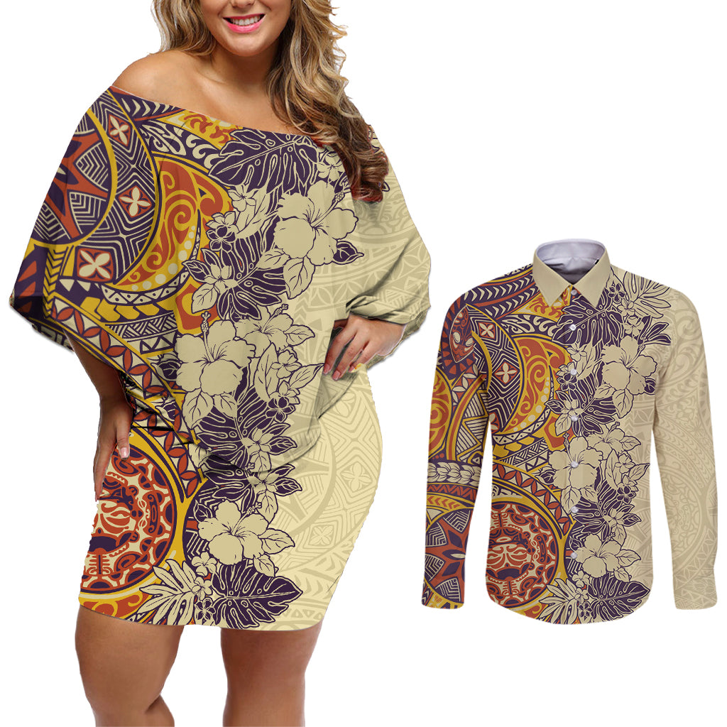 Polynesia Couples Matching Off Shoulder Short Dress and Long Sleeve Button Shirt Hibiscus and Hawaiian Tribal Tattoo Retro Style Tan Color LT9 - Wonder Print Shop