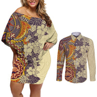 Polynesia Couples Matching Off Shoulder Short Dress and Long Sleeve Button Shirt Hibiscus and Hawaiian Tribal Tattoo Retro Style Tan Color LT9 - Wonder Print Shop