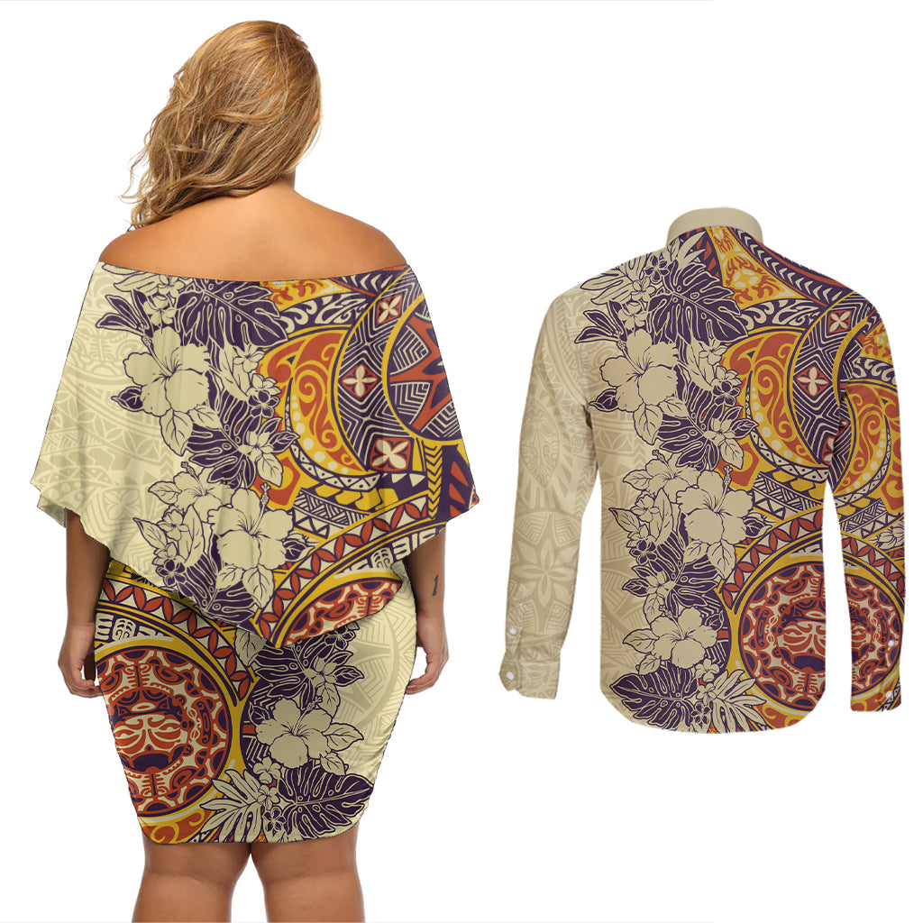 Polynesia Couples Matching Off Shoulder Short Dress and Long Sleeve Button Shirt Hibiscus and Hawaiian Tribal Tattoo Retro Style Tan Color LT9 - Wonder Print Shop