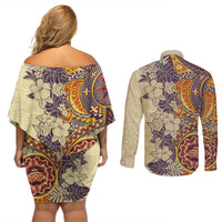 Polynesia Couples Matching Off Shoulder Short Dress and Long Sleeve Button Shirt Hibiscus and Hawaiian Tribal Tattoo Retro Style Tan Color LT9 - Wonder Print Shop