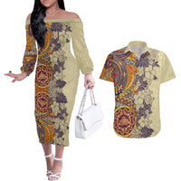 Polynesia Couples Matching Off The Shoulder Long Sleeve Dress and Hawaiian Shirt Hibiscus and Hawaiian Tribal Tattoo Retro Style Tan Color LT9 - Wonder Print Shop