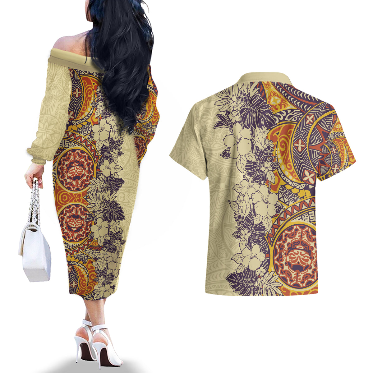 Polynesia Couples Matching Off The Shoulder Long Sleeve Dress and Hawaiian Shirt Hibiscus and Hawaiian Tribal Tattoo Retro Style Tan Color LT9 - Wonder Print Shop